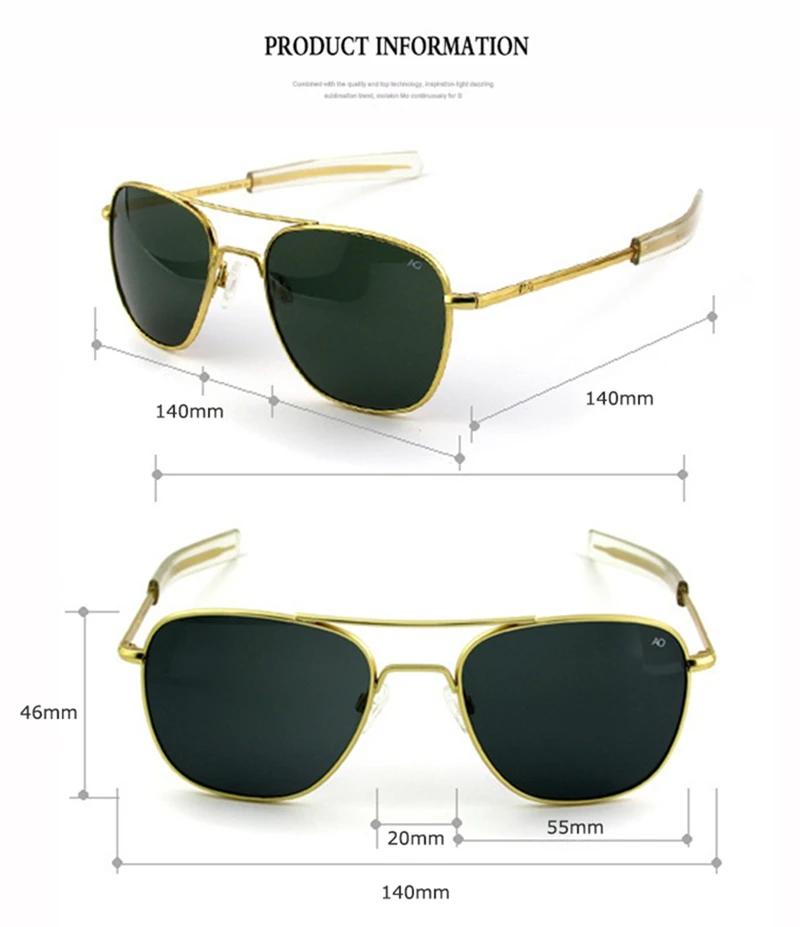 Lunettes de soleil pilote pour hommes, qualité supérieure, marque de styliste, AO, 55mm, armée américaine, militaire, lentille en verre QF555