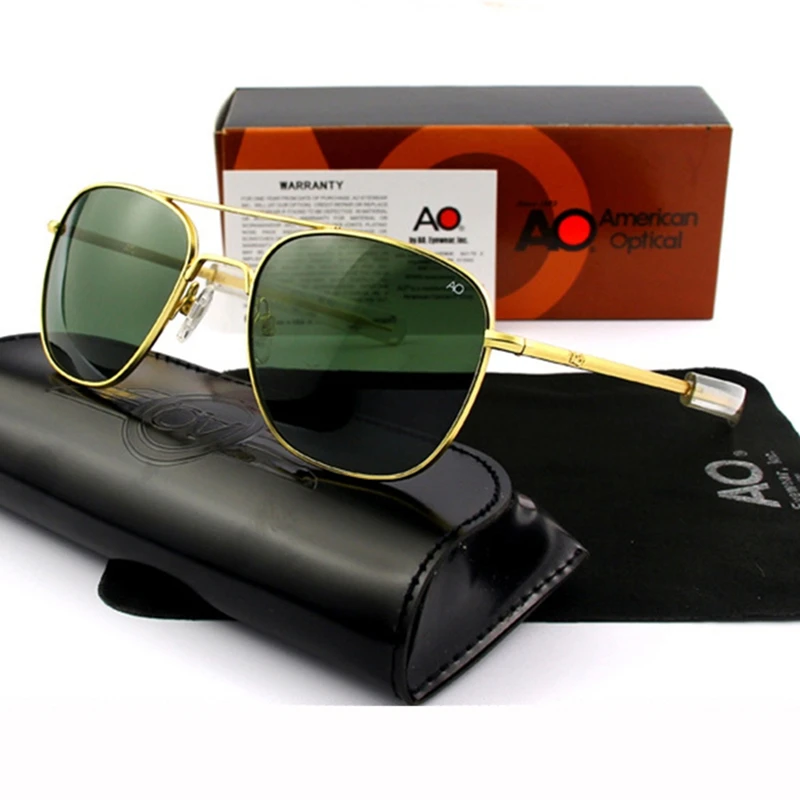 Lunettes de soleil pilote pour hommes, qualité supérieure, marque de styliste, AO, 55mm, armée américaine, militaire, lentille en verre QF555