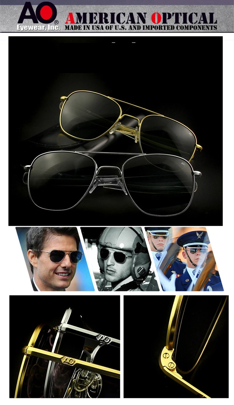 Lunettes de soleil pilote pour hommes, qualité supérieure, marque de styliste, AO, 55mm, armée américaine, militaire, lentille en verre QF555