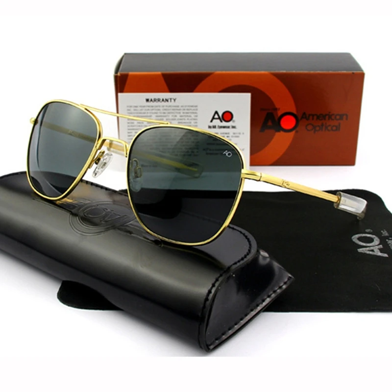 Lunettes de soleil pilote pour hommes, qualité supérieure, marque de styliste, AO, 55mm, armée américaine, militaire, lentille en verre QF555