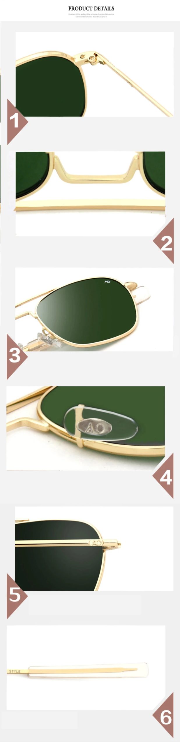Lunettes de soleil de mode pour hommes, armée américaine, militaire, marque de styliste, AO, verre optique, lentille de sol RS263
