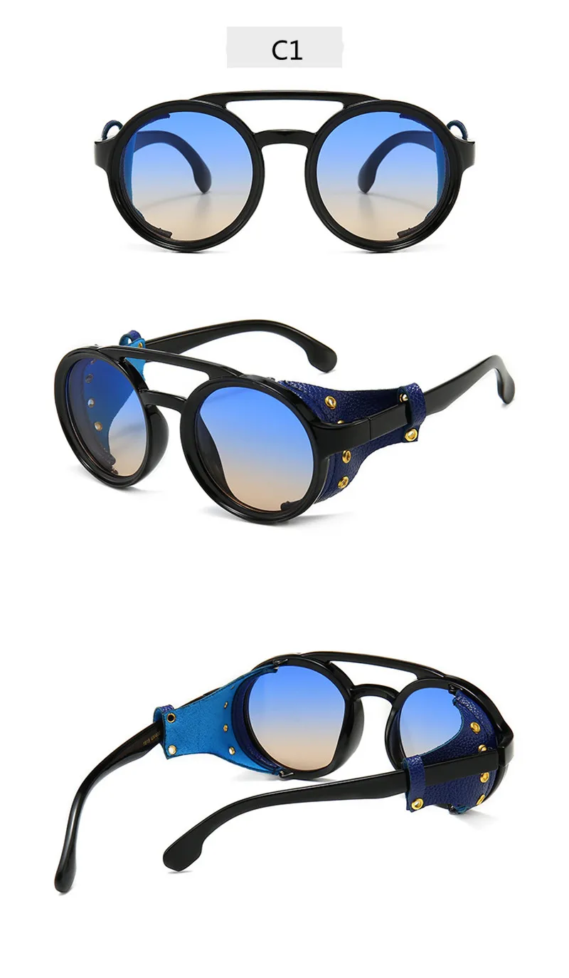 Lunettes de soleil rondes Steampunk en cuir pour hommes, lunettes de vision nocturne, lunettes de soleil vintage, lunettes de randonnée punk, lunettes de conduite, UV400