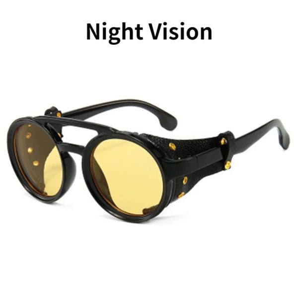 Lunettes de soleil rondes Steampunk en cuir pour hommes, lunettes de vision nocturne, lunettes de soleil vintage, lunettes de randonnée punk, lunettes de conduite, UV400 – Image 3