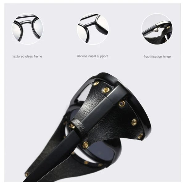 Lunettes de soleil rondes Steampunk en cuir pour hommes, lunettes de vision nocturne, lunettes de soleil vintage, lunettes de randonnée punk, lunettes de conduite, UV400 – Image 5