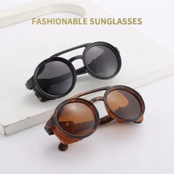 Lunettes de soleil rondes Steampunk en cuir pour hommes, lunettes de vision nocturne, lunettes de soleil vintage, lunettes de randonnée punk, lunettes de conduite, UV400 – Image 4