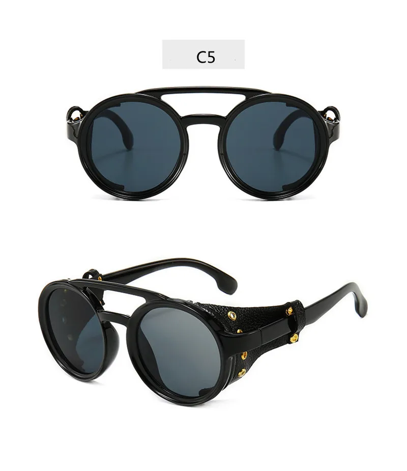 Lunettes de soleil rondes Steampunk en cuir pour hommes, lunettes de vision nocturne, lunettes de soleil vintage, lunettes de randonnée punk, lunettes de conduite, UV400