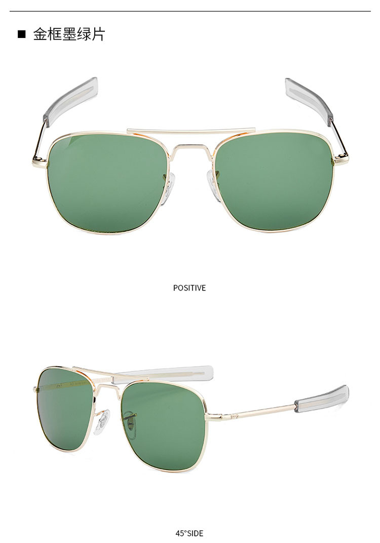 Lunettes de soleil d'aviation classiques pour hommes, AO, lunettes de soleil pour hommes, armée américaine, militaire, lentille en verre optique, mode