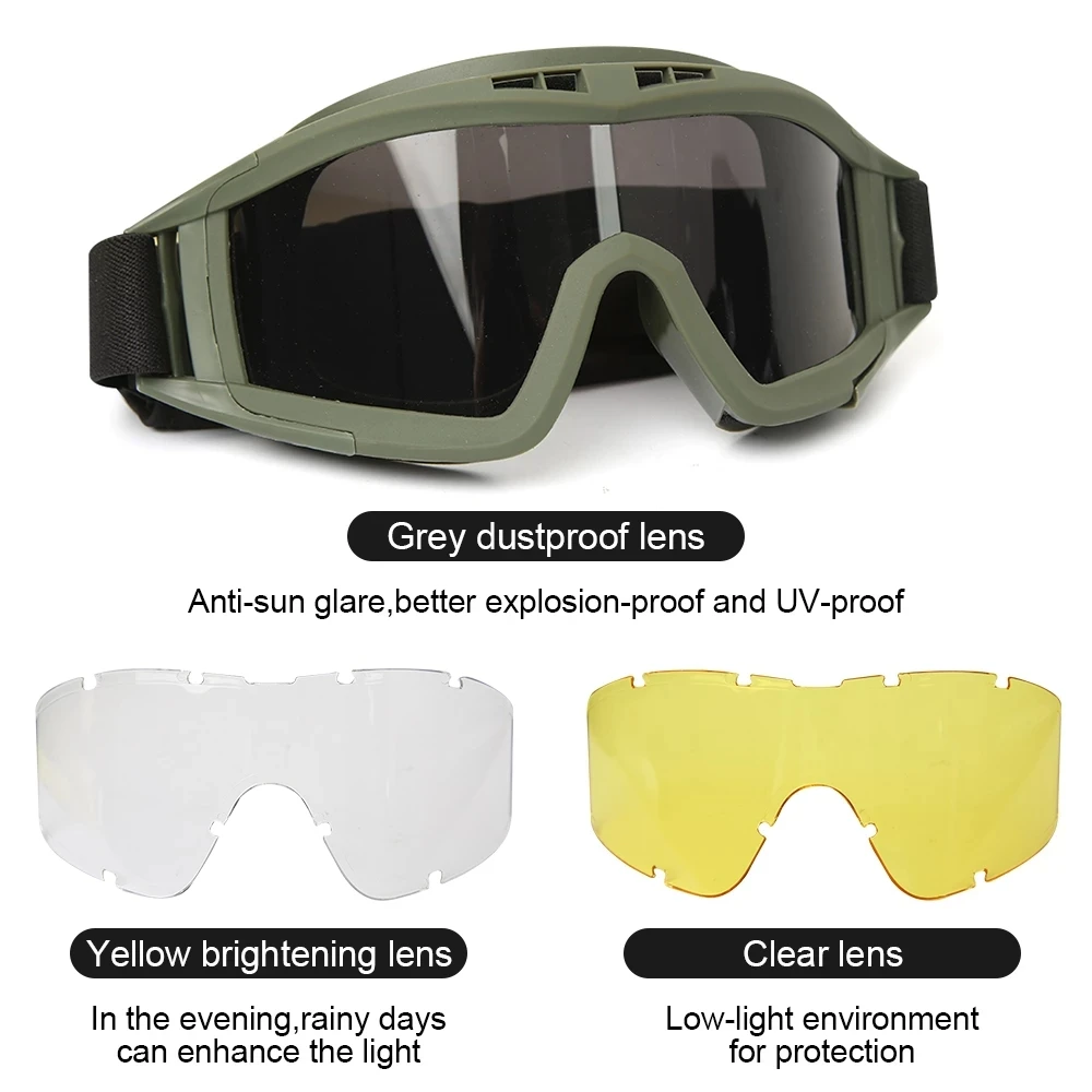 DulGoggles-Lunettes de soleil de tir d'alpinisme coupe-vent, lunettes CS de motocross, lunettes de contrôle du sable, 3 lentilles, rénovation de moto