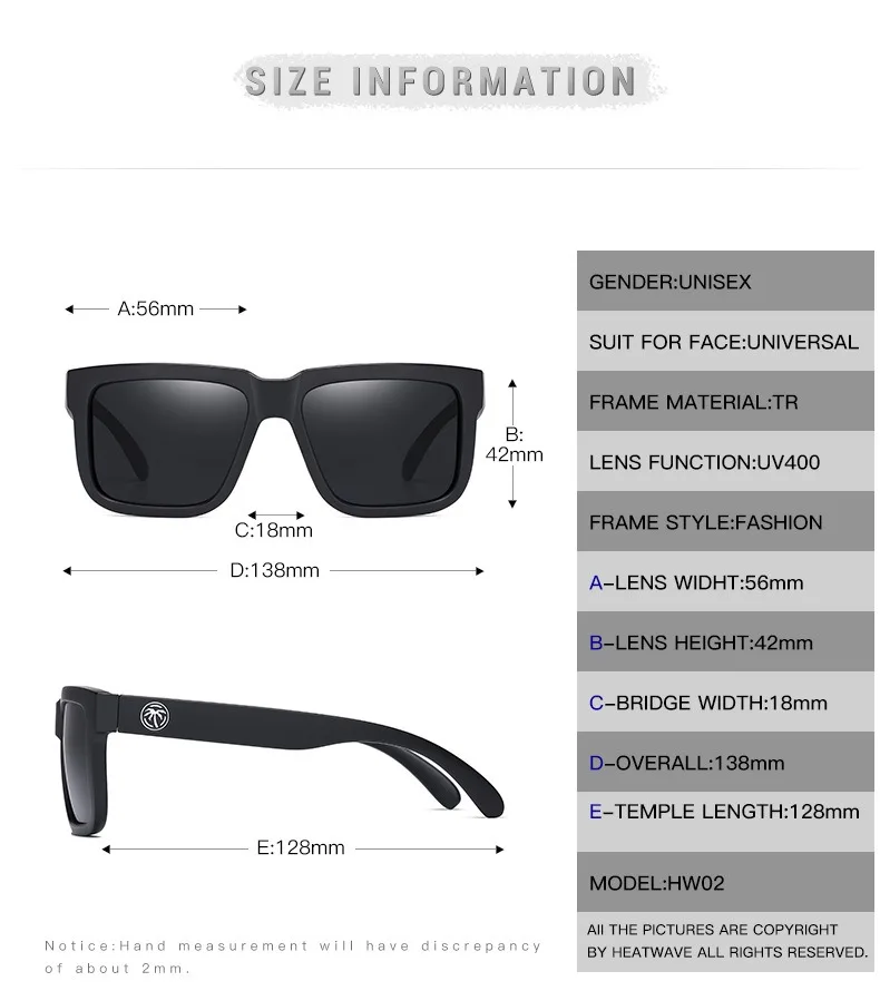 Lunettes de soleil carrées conjointes pour hommes et femmes, lunettes de sport de plein air, film véritable, lunettes de vague de chaleur, transfrontalier, meilleure vente, haute qualité, HW02