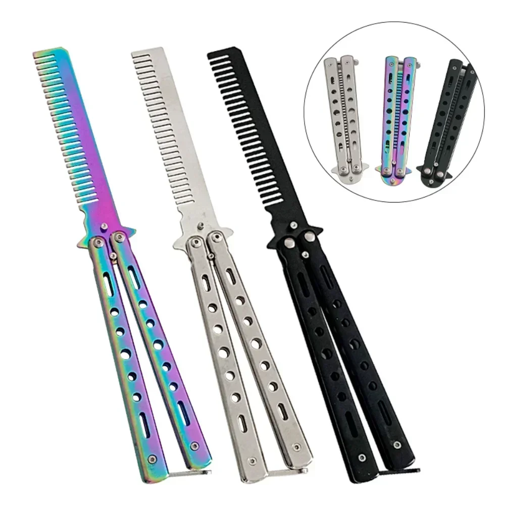 Peigne Pliable en Acier Inoxydable pour Entraînement à la Pratique, Couteau Papillon, Brosses à Barbe et Moustache, Outil de Coiffure, 1 Pièce