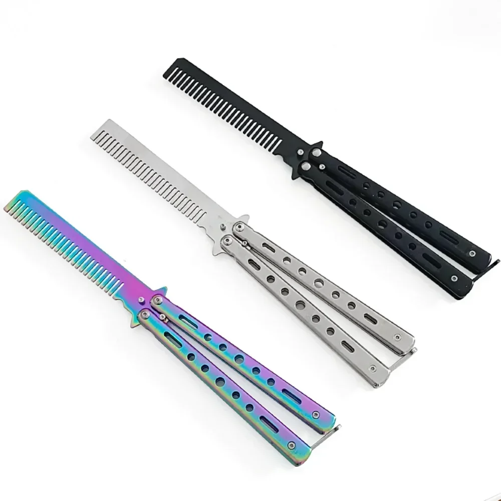 Peigne Pliable en Acier Inoxydable pour Entraînement à la Pratique, Couteau Papillon, Brosses à Barbe et Moustache, Outil de Coiffure, 1 Pièce