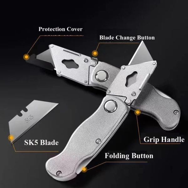 Couteau Pliant Rétractable pour Électricien, Coupe Tranchante, Robuste, Lame à Manche en Plastique Aluminium avec Serrure, Ensemble Portable – Image 4
