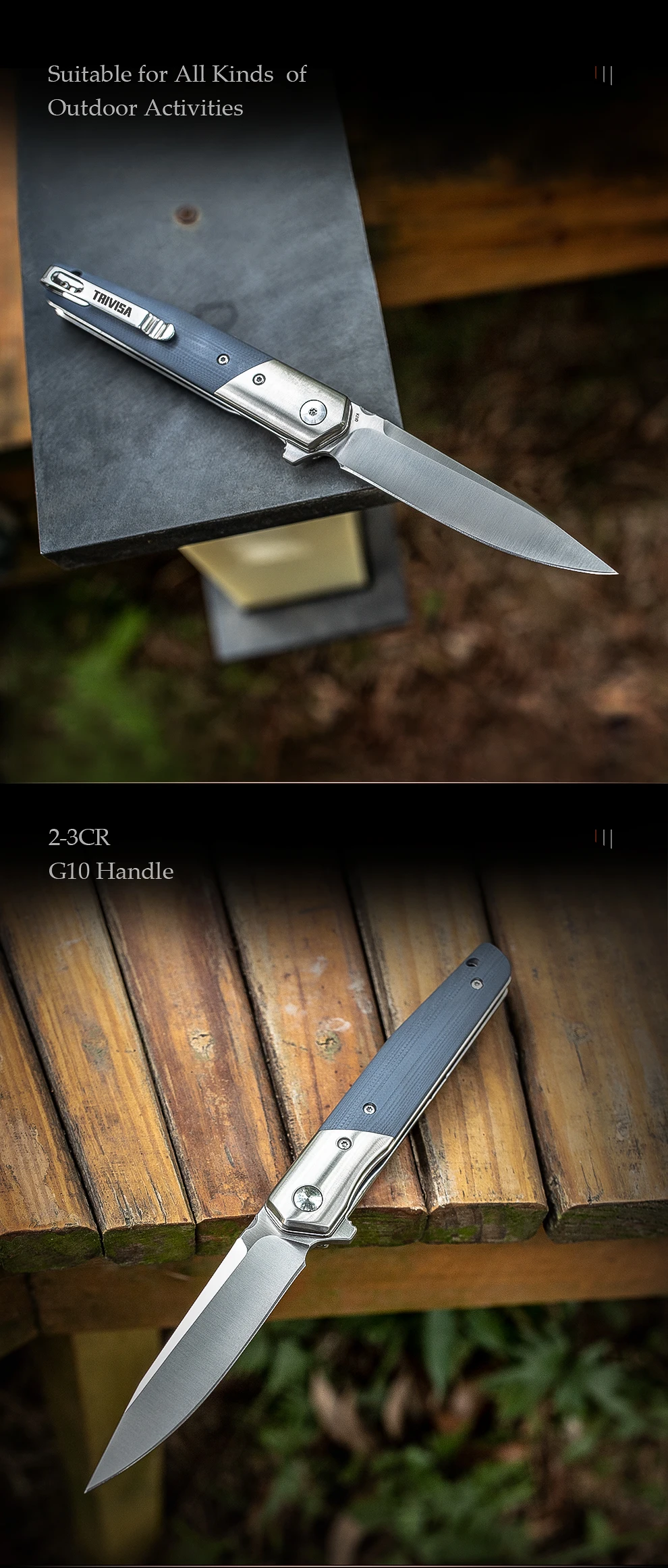 TRIVISA – couteau pliant EDC pour hommes, lame BOHLER K110 et manche G10 de 3.5 pouces, couteau à Flipper avec Clip pour la survie en Camping en plein air