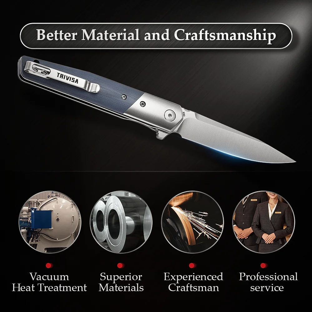 TRIVISA – couteau pliant EDC pour hommes, lame BOHLER K110 et manche G10 de 3.5 pouces, couteau à Flipper avec Clip pour la survie en Camping en plein air
