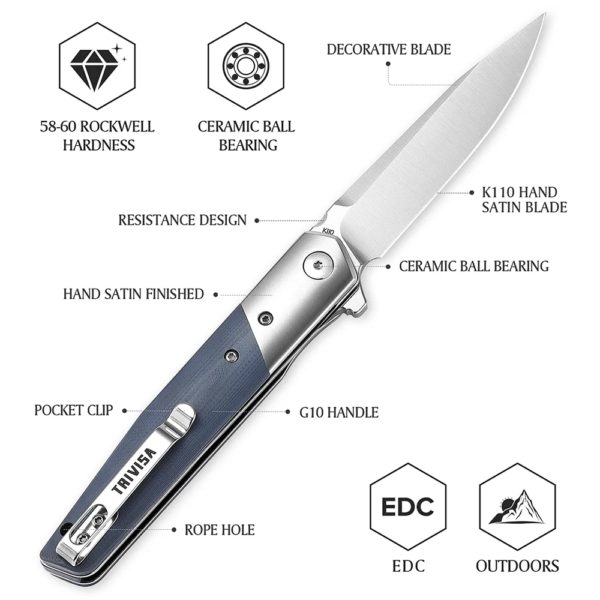 TRIVISA – couteau pliant EDC pour hommes, lame BOHLER K110 et manche G10 de 3.5 pouces, couteau à Flipper avec Clip pour la survie en Camping en plein air – Image 3