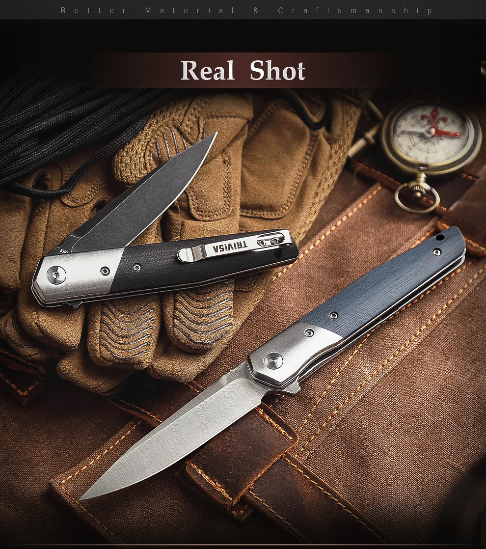 TRIVISA – couteau pliant EDC pour hommes, lame BOHLER K110 et manche G10 de 3.5 pouces, couteau à Flipper avec Clip pour la survie en Camping en plein air
