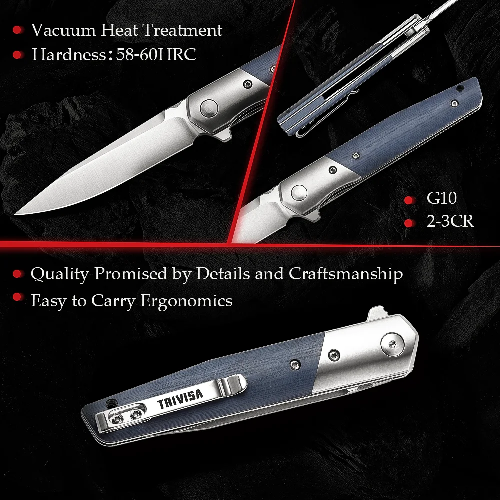 TRIVISA – couteau pliant EDC pour hommes, lame BOHLER K110 et manche G10 de 3.5 pouces, couteau à Flipper avec Clip pour la survie en Camping en plein air