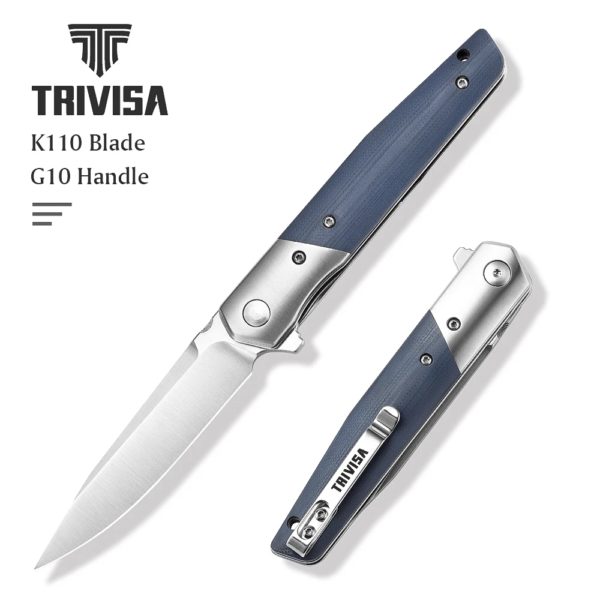 TRIVISA – couteau pliant EDC pour hommes, lame BOHLER K110 et manche G10 de 3.5 pouces, couteau à Flipper avec Clip pour la survie en Camping en plein air