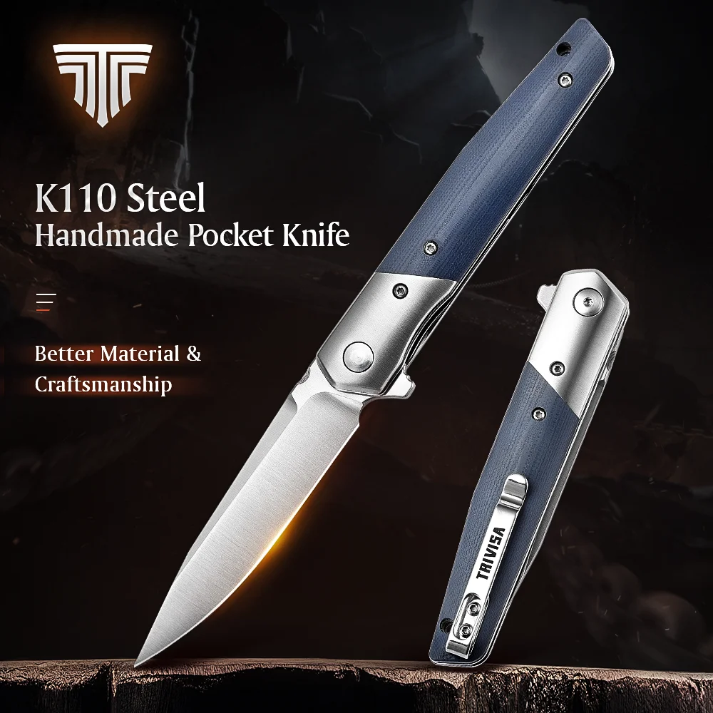TRIVISA – couteau pliant EDC pour hommes, lame BOHLER K110 et manche G10 de 3.5 pouces, couteau à Flipper avec Clip pour la survie en Camping en plein air