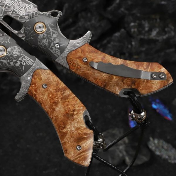 Couteau de Poche en Acier Damas VG10 avec Manche en Bois Ombre Blanche, Roulement à Billes, Pliable, pour Camping, html, Survie en Plein Air, EDC – Image 4