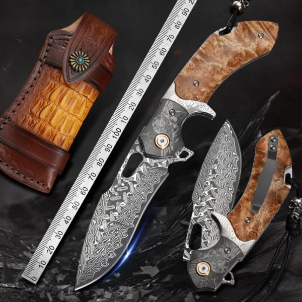 Couteau de Poche en Acier Damas VG10 avec Manche en Bois Ombre Blanche, Roulement à Billes, Pliable, pour Camping, html, Survie en Plein Air, EDC