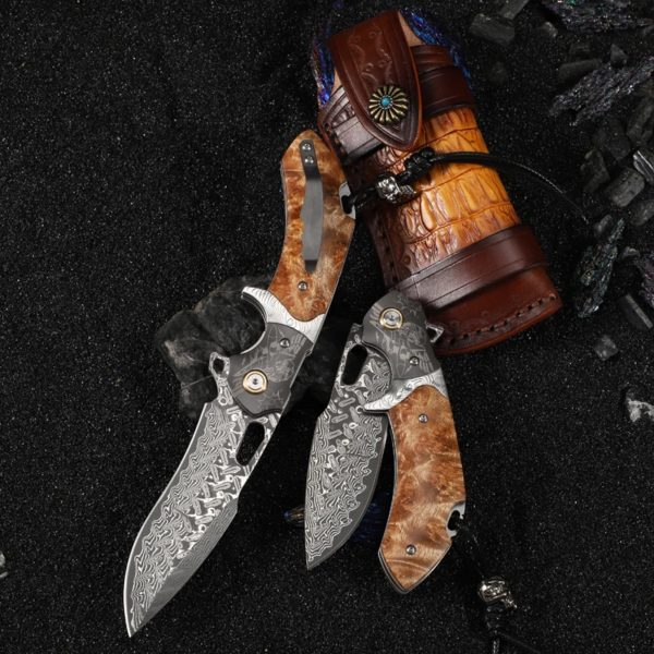 Couteau de Poche en Acier Damas VG10 avec Manche en Bois Ombre Blanche, Roulement à Billes, Pliable, pour Camping, html, Survie en Plein Air, EDC – Image 5