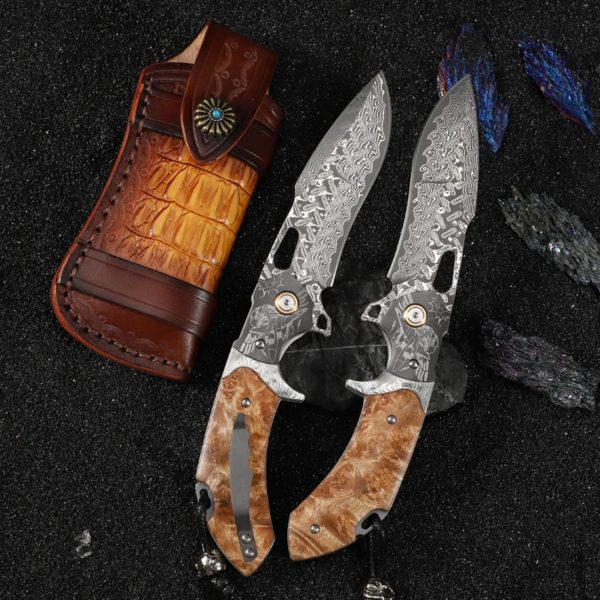 Couteau de Poche en Acier Damas VG10 avec Manche en Bois Ombre Blanche, Roulement à Billes, Pliable, pour Camping, html, Survie en Plein Air, EDC – Image 2