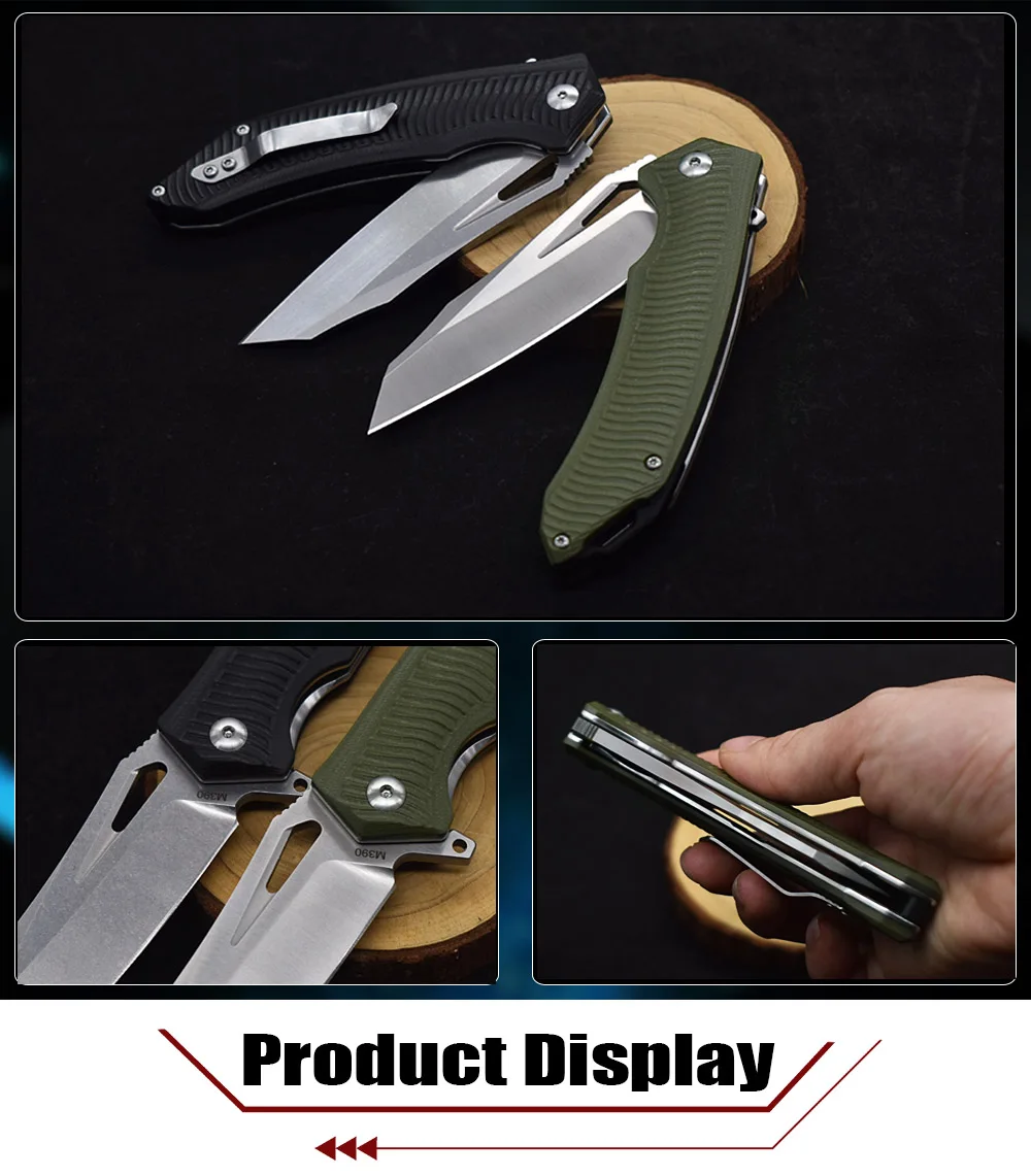 Couteau pliant à roulement d'aile de proximité de fil de lavage de pierre d'acier, manche G10, chasse de poche extérieure, outil de camping de survie d'autodéfense, M390