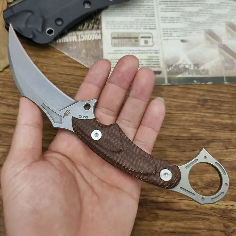 Meunier Bros.BIsdes karambit DC53 lame, manche en lin, haute dureté, outils multi-mains tranchants opaque
