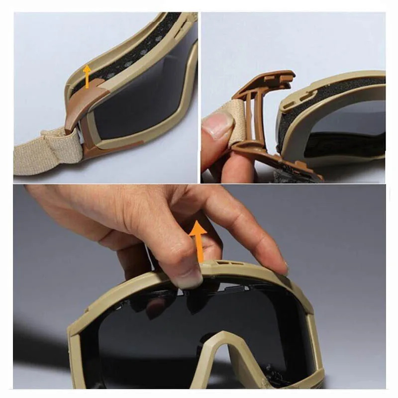 Lunettes de soleil tactiques, noir, beige, vert, 3 lentilles, pour tir militaire, Paintball, Airsoft, coupe-vent, Wargame, alpinisme