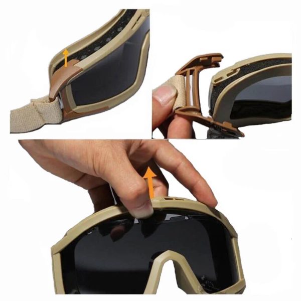 Lunettes de soleil tactiques, noir, beige, vert, 3 lentilles, pour tir militaire, Paintball, Airsoft, coupe-vent, Wargame, alpinisme – Image 6