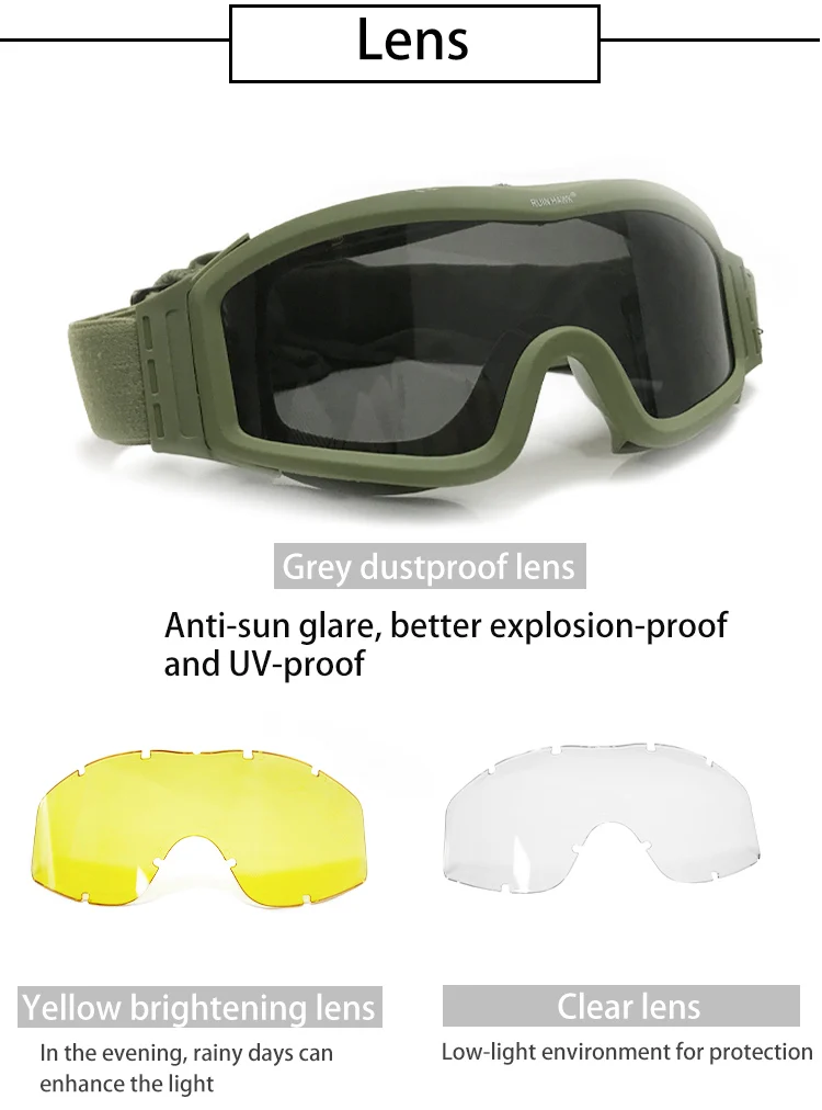 Lunettes de soleil tactiques, noir, beige, vert, 3 lentilles, pour tir militaire, Paintball, Airsoft, coupe-vent, Wargame, alpinisme