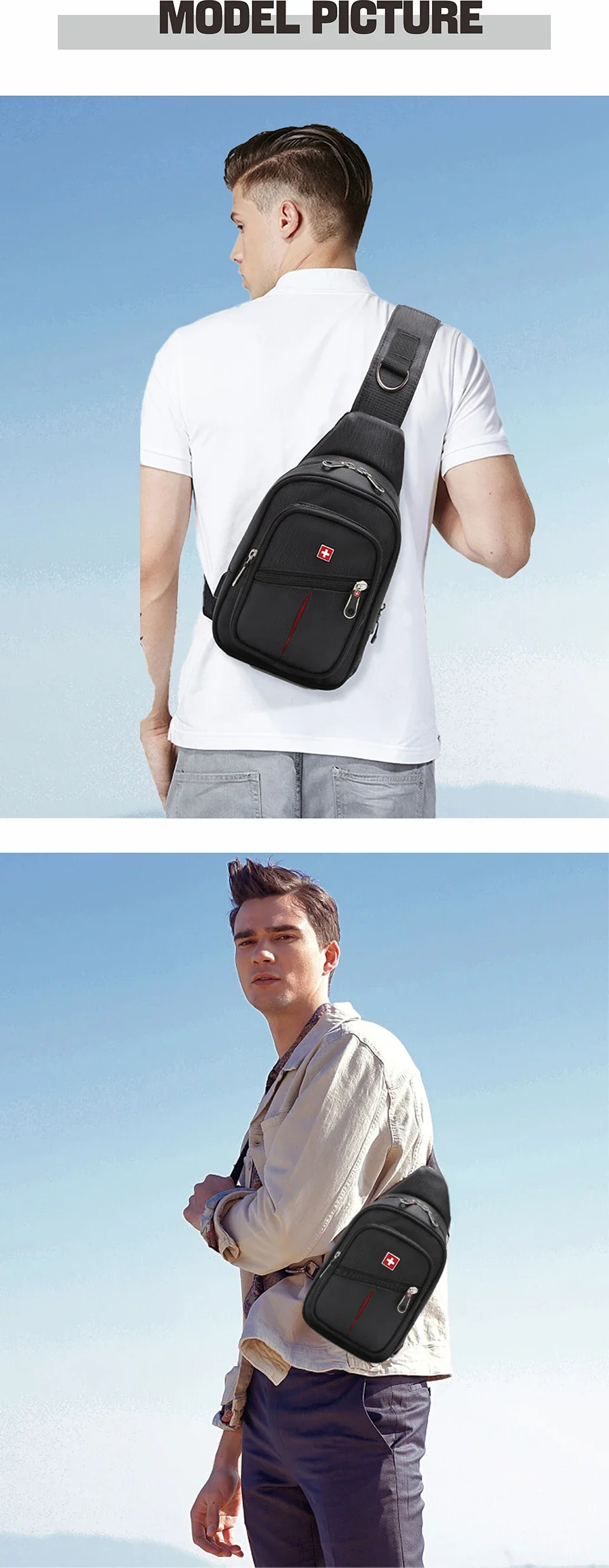 SWISS-Sacs de poitrine imperméables pour hommes, sac à bandoulière initié, sac à bandoulière durable, sac à bandoulière pratique, grand espace, loisirs en plein air