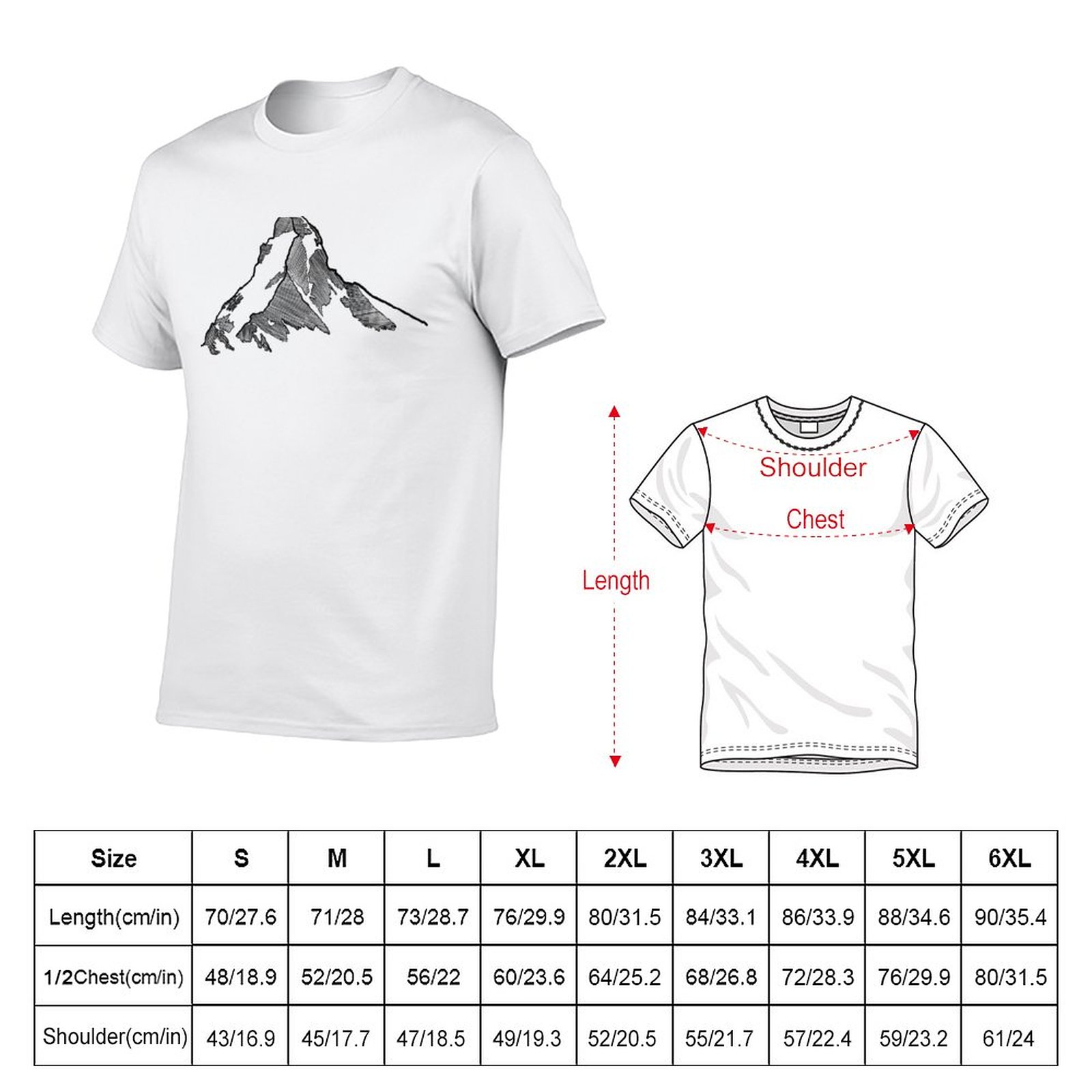 T-Shirt Surdimensionné pour Homme, Noir, Croquis de Montagne, Cervin, Suisse, Nouvelle Collection