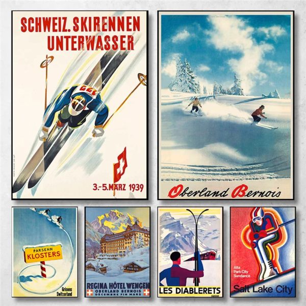 Affiche d'art de ski vintage pour la décoration intérieure, peinture sur toile, impressions murales, image, montagne, neige, Suisse, Oberland bernois, salon