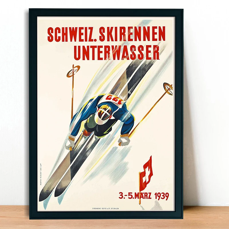 Affiche d'art de ski vintage pour la décoration intérieure, peinture sur toile, impressions murales, image, montagne, neige, Suisse, Oberland bernois, salon