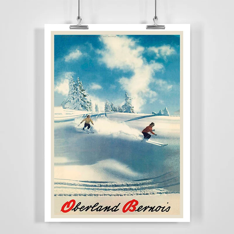 Affiche d'art de ski vintage pour la décoration intérieure, peinture sur toile, impressions murales, image, montagne, neige, Suisse, Oberland bernois, salon
