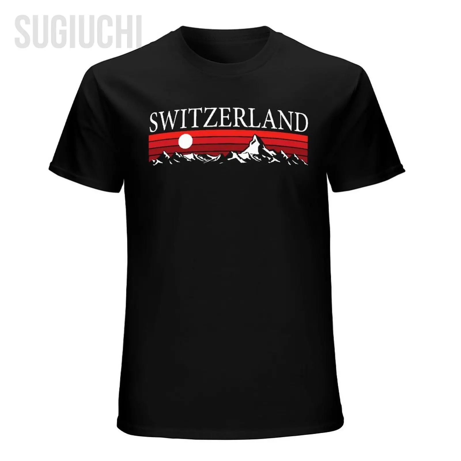 T-shirt unisexe à col rond pour hommes et femmes, 100% coton, Alpes suisses et montagnes rouges T-shirt unisexe à col rond pour hommes et femmes, 100% coton, Alpes suisses et montagnes rouges