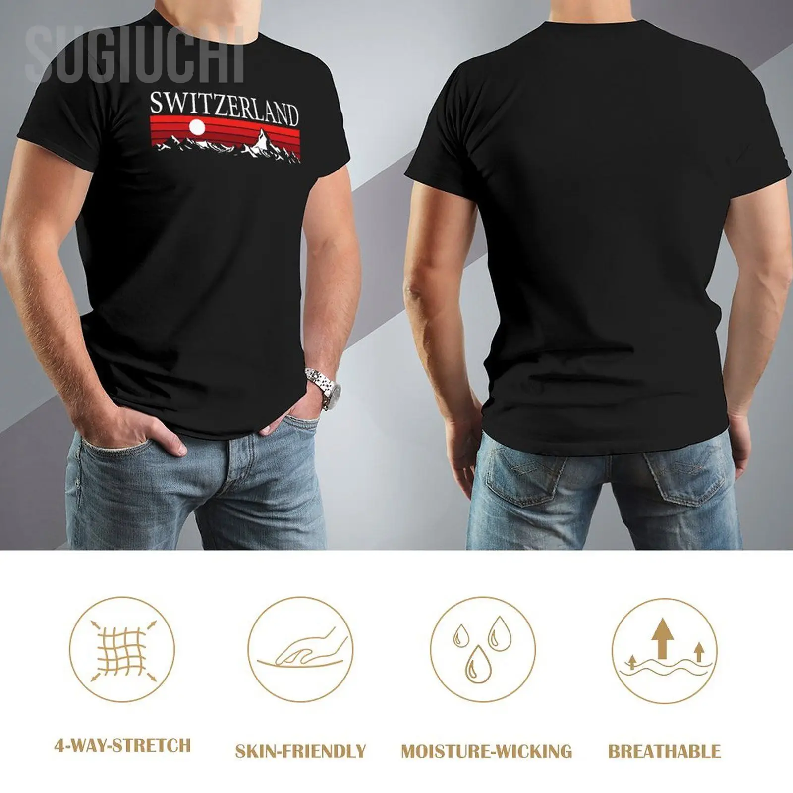 T-shirt unisexe à col rond pour hommes et femmes, 100% coton, Alpes suisses et montagnes rouges T-shirt unisexe à col rond pour hommes et femmes, 100% coton, Alpes suisses et montagnes rouges