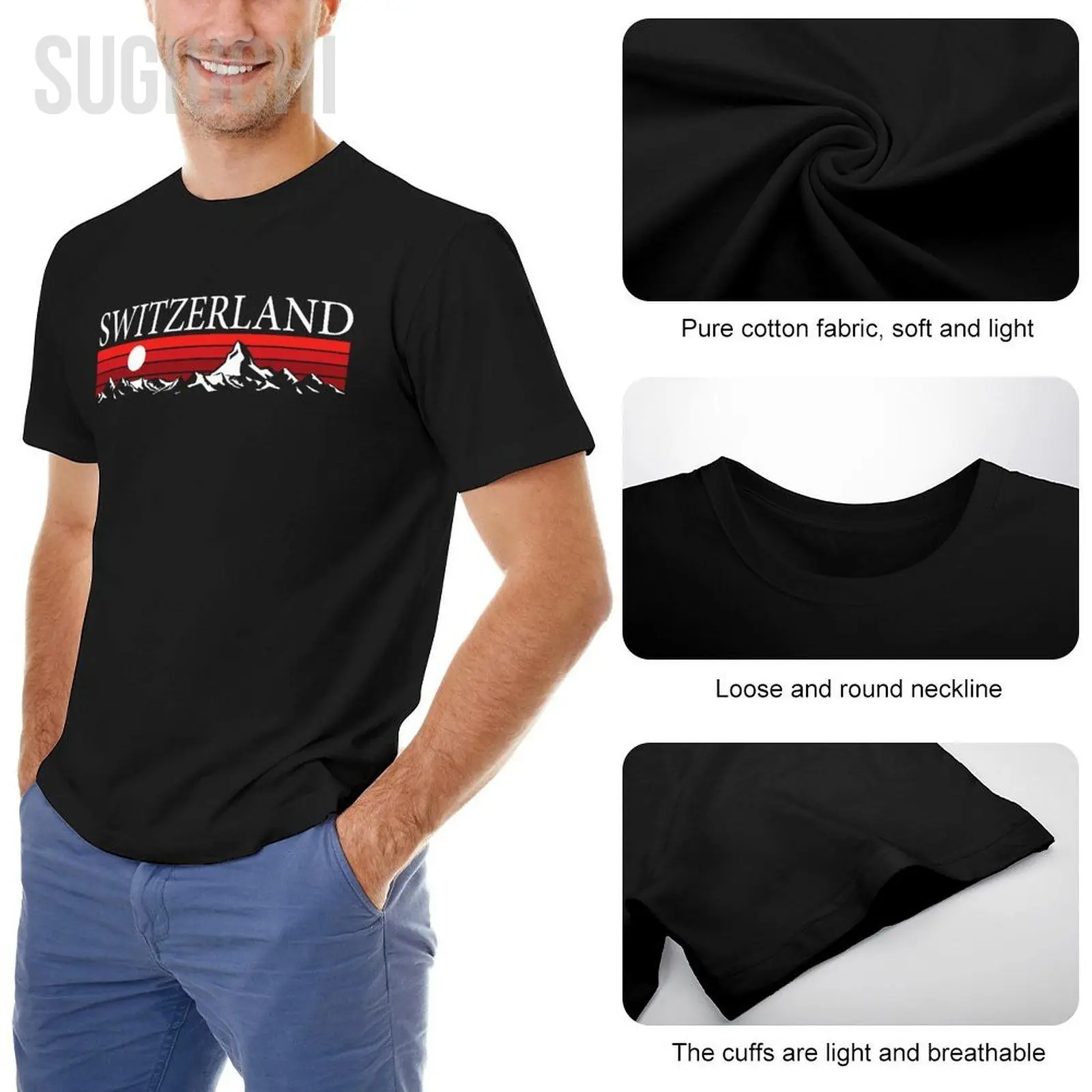 T-shirt unisexe à col rond pour hommes et femmes, 100% coton, Alpes suisses et montagnes rouges T-shirt unisexe à col rond pour hommes et femmes, 100% coton, Alpes suisses et montagnes rouges