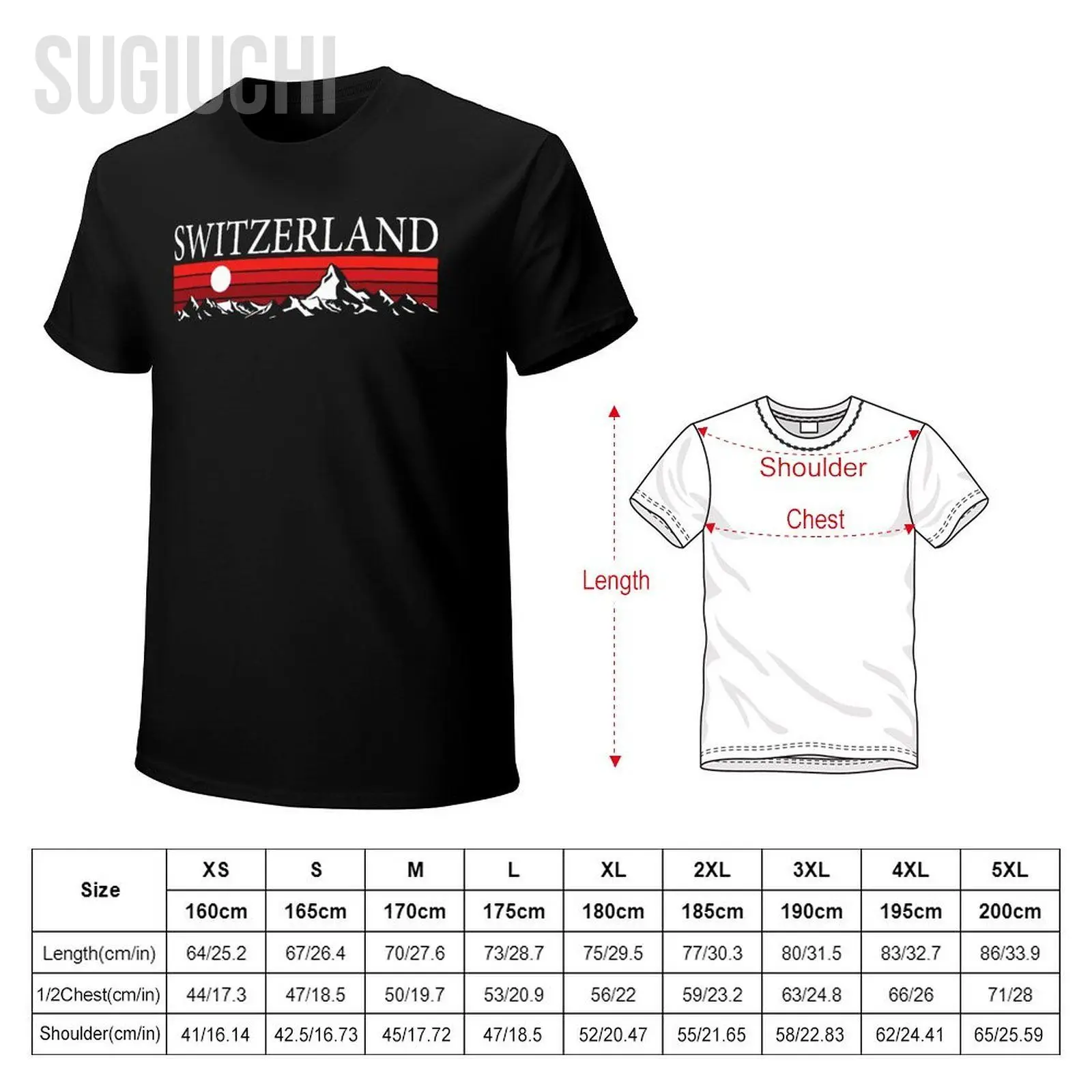 T-shirt unisexe à col rond pour hommes et femmes, 100% coton, Alpes suisses et montagnes rouges T-shirt unisexe à col rond pour hommes et femmes, 100% coton, Alpes suisses et montagnes rouges