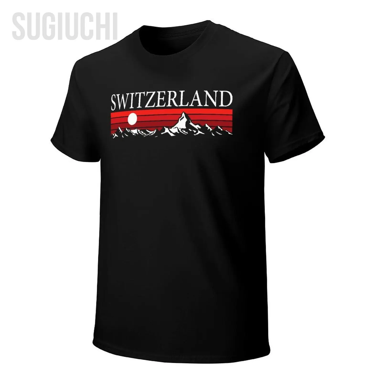 T-shirt unisexe à col rond pour hommes et femmes, 100% coton, Alpes suisses et montagnes rouges T-shirt unisexe à col rond pour hommes et femmes, 100% coton, Alpes suisses et montagnes rouges