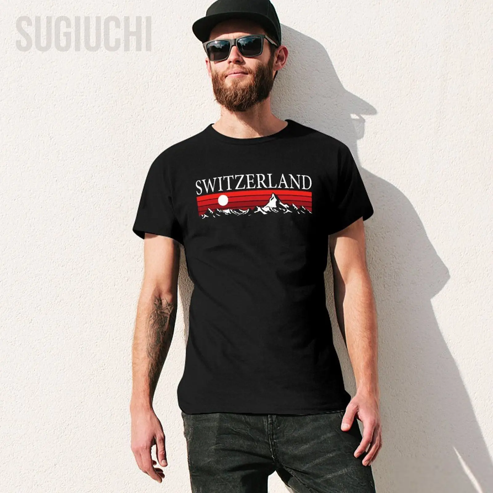 T-shirt unisexe à col rond pour hommes et femmes, 100% coton, Alpes suisses et montagnes rouges T-shirt unisexe à col rond pour hommes et femmes, 100% coton, Alpes suisses et montagnes rouges