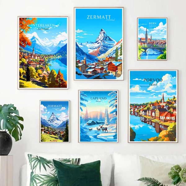 Affiche de Voyage en Suisse et Finlande, Laponie Porvoo Helsinki Zermatt, Peinture sur Toile, Tableau d'Art Mural pour Salon, Décoration de Maison