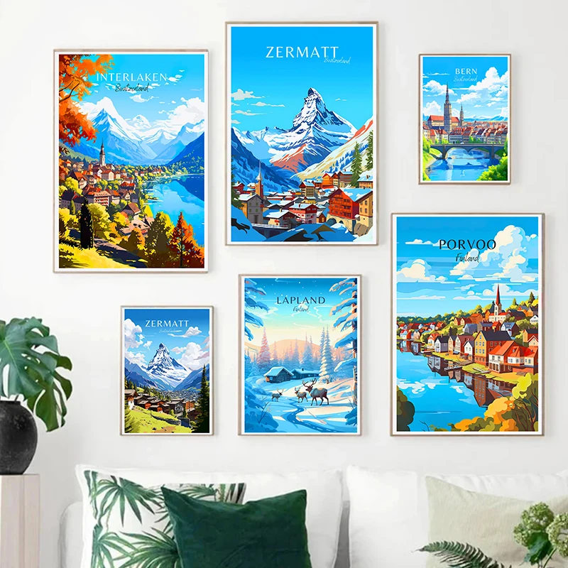Affiche de Voyage en Suisse et Finlande, Laponie Porvoo Helsinki Zermatt, Peinture sur Toile, Tableau d'Art Mural pour Salon, Décoration de Maison