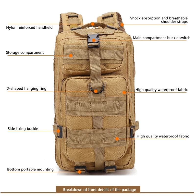 Sac à dos militaire en nylon pour hommes, sac de randonnée, équipement de camping étanche, pack de 3 pièces pour les voyages, la chasse, la pêche