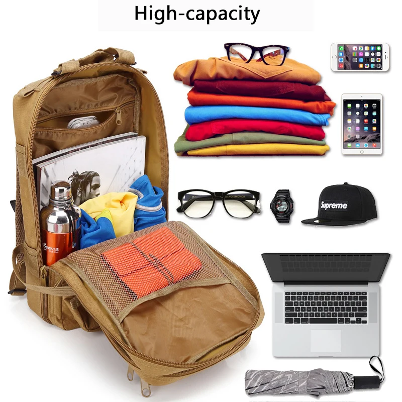 Sac à dos militaire en nylon pour hommes, sac de randonnée, équipement de camping étanche, pack de 3 pièces pour les voyages, la chasse, la pêche