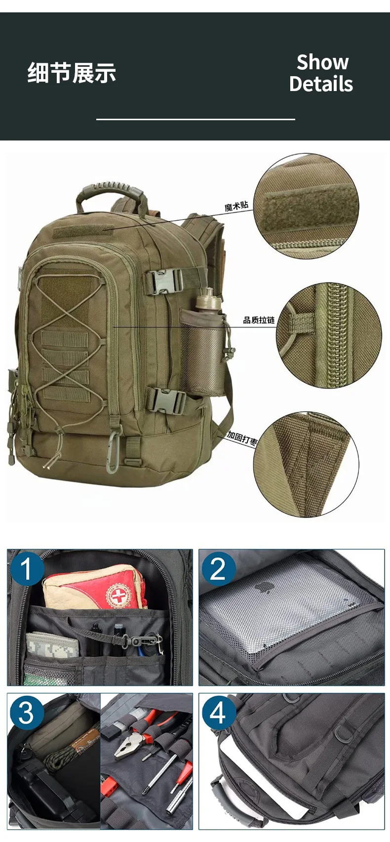 Sac à dos militaire Molle, sac à dos d'assaut de l'armée, sacs à dos de voyage en plein air, sacs à dos de randonnée, camping, chasse, zones Mochila, 60L