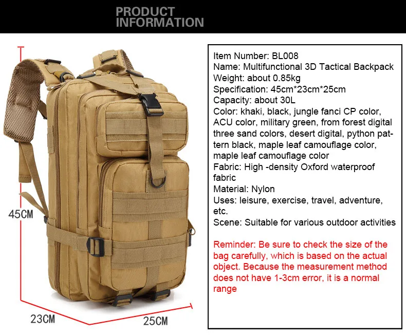 Sac à dos DulBackpack CamSolomon pour homme et femme, sac à dos 3P, noir, chirurgie tionné, extérieur, cyclisme, randonnée, chasse, sport, armée, 50L, 30L