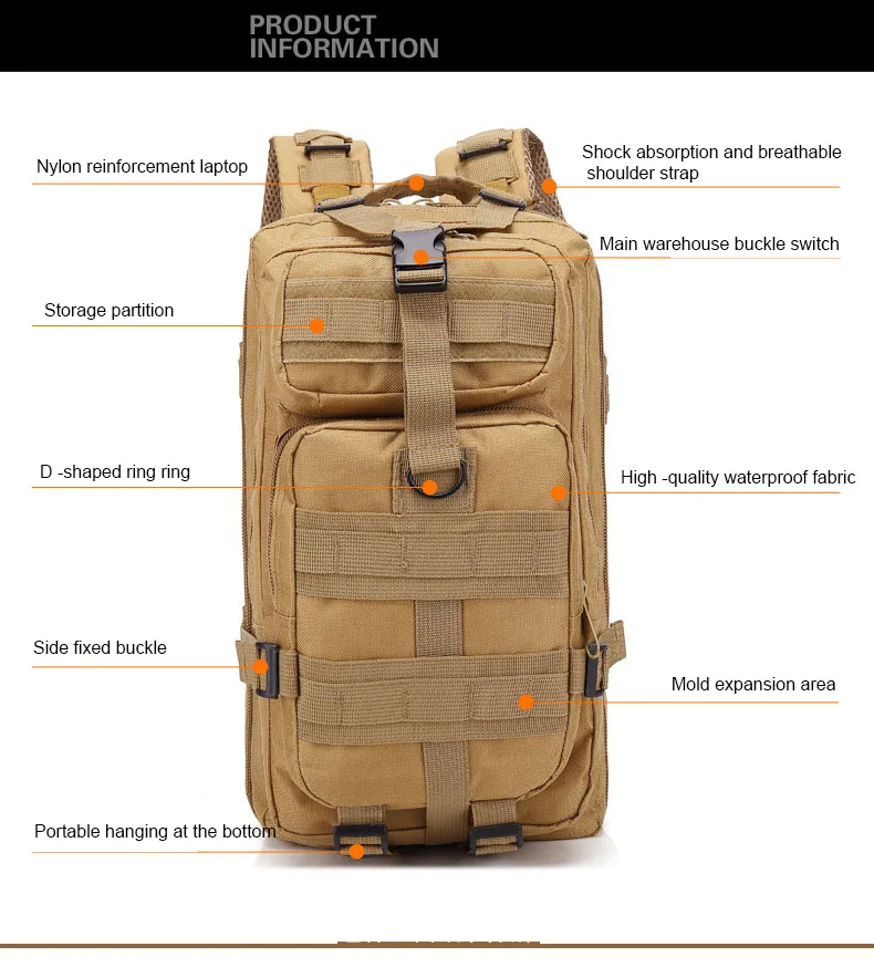 Sac à dos DulBackpack CamSolomon pour homme et femme, sac à dos 3P, noir, chirurgie tionné, extérieur, cyclisme, randonnée, chasse, sport, armée, 50L, 30L
